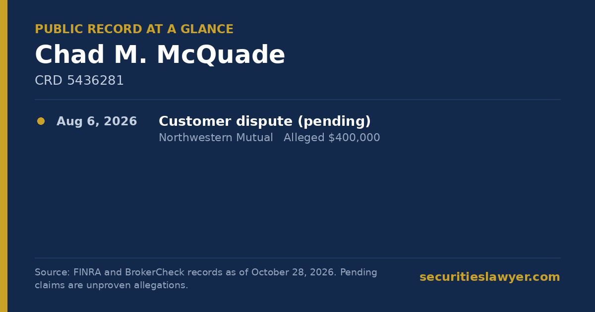 Chad McQuade: summary of the public FINRA record, from Soreide Law Group